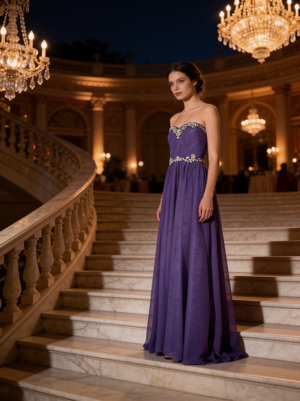 Deb Strapless Purple Chiffon Evening Dress with Beaded Waist
